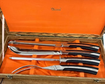 Vintage Mid Century Modern Eldan Carving Set - Black Handle Stainless Carving Knives - Original Case -