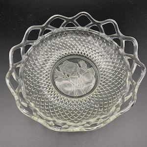 Vintage Open Lace Edge Frosted Rose Bowl by Imperial Glass - pressed glass bowl diamond pattern