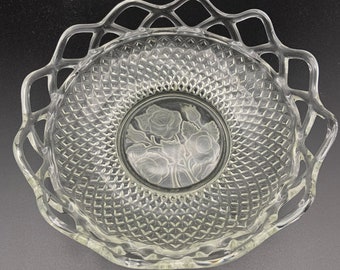 Vintage Open Lace Edge Frosted Rose Bowl by Imperial Glass - pressed glass bowl diamond pattern