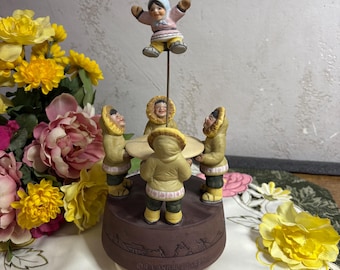 Vintage R Langford Music Box: Inuit Blanket Toss Figurine - Eskimo Children Playing
