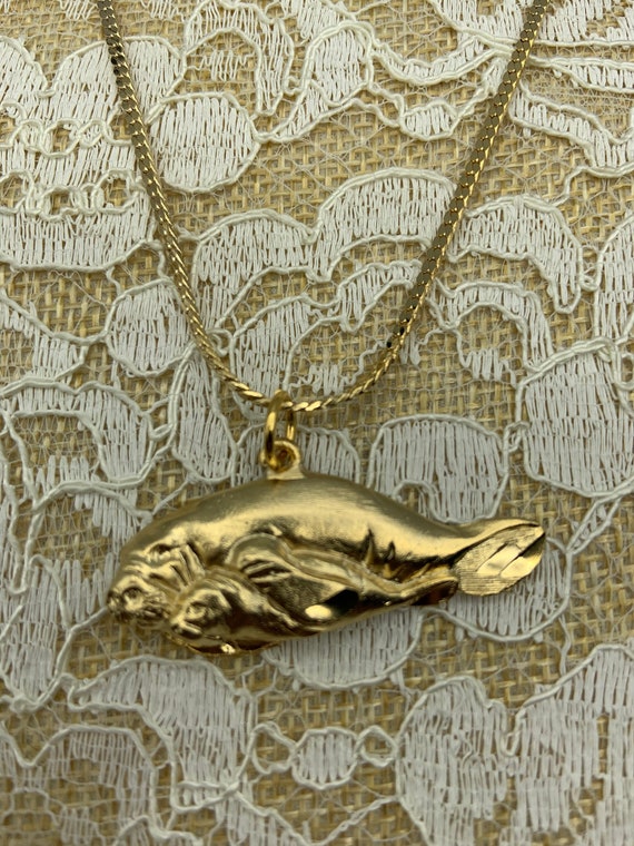 Vintage Sea Life Necklace - Gold Manatee Necklace 