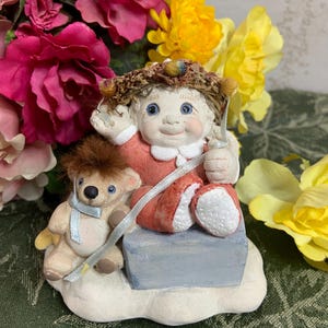 Vintage Dreamsicles Cherub Angel sitting on a box with a teddy bear - 1994 Open Me First Cast Art Cherub  - Kristin Haynes cherub Angel