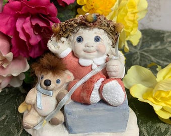 Vintage Dreamsicles Cherub Angel sitting on a box with a teddy bear - 1994 Open Me First Cast Art Cherub  - Kristin Haynes cherub Angel