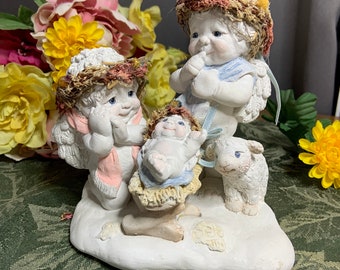 Vintage Dreamsicles Cherub Angel with baby in manger- 1995 Kristin Haynes cherub and baby in manger -  Joyful Gatherings -