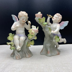 Vintage Lefton China Cherub Angels with baby birds - Hand painted Cupids with baby birds
