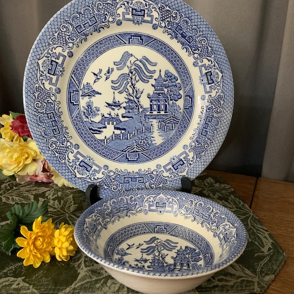 Vintage Blue Willow Dinner Plate or Salad Bowl - English Ironstone Tableware Plate or Cereal Bowl - sold separately - Made in England