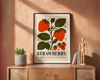 Strawberry Art Print: Berrylicious & Ambitious - Minimalist Kitchen Decor (Digital Download)