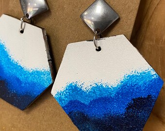 Hand Painted Wooden Ocean Earrings, Abstract Blue Landscape Art, Wearable Statement Jewelry