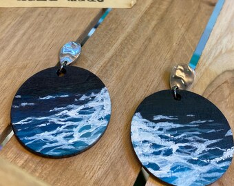 Hand-painted Wooden Statement Earrings Based On Dark Sea Waves -  Gift For Her