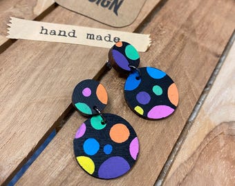 Hand-painted Wooden Statement Earrings - Double Circle With Colorful Dots -  Gift For Her