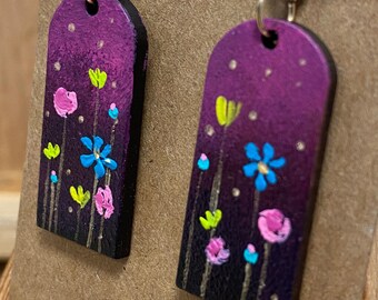 Hand Painted Wooden Wildflower Earrings, Purple Floral Statement Jewelry