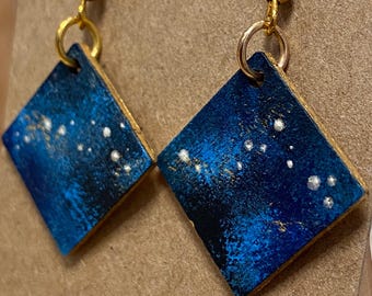 Hand Painted Wooden Galaxy Earrings, Celestial Night Sky Jewelry