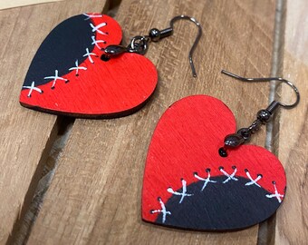 Hand-painted Wooden Statement Earrings - Colorful Heart Shaped Jewelry - Gift For Her