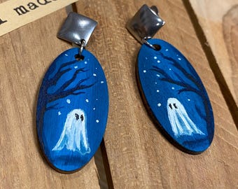 Hand-painted Wooden Statement Earrings - Dark Forrest and Ghost -  Gift For Her