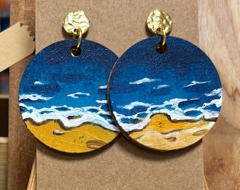 Hand-painted Wooden Statement Earrings Based On Oceanic Waves And Beach -  Gift For Her