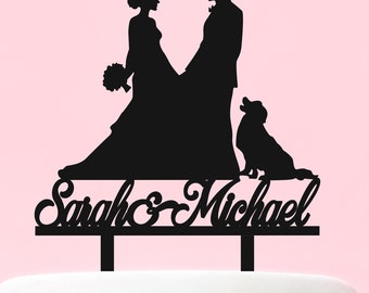 Personalized Wedding Cake Topper, Bride Groom with Dog, Rustic Wood & Acrylic