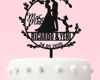 Custom Wedding Cake Topper, Bride Groom Dog Silhouette, Rustic Wood & Acrylic