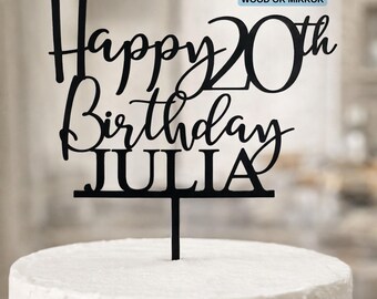Custom Happy Birthday Cake Topper with Name, Personalized Anniversary Party Wooden or Acrylic Mirror