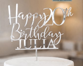 Custom Happy Birthday Cake Topper with Name, Personalized Anniversary Party Wooden or Acrylic Mirror