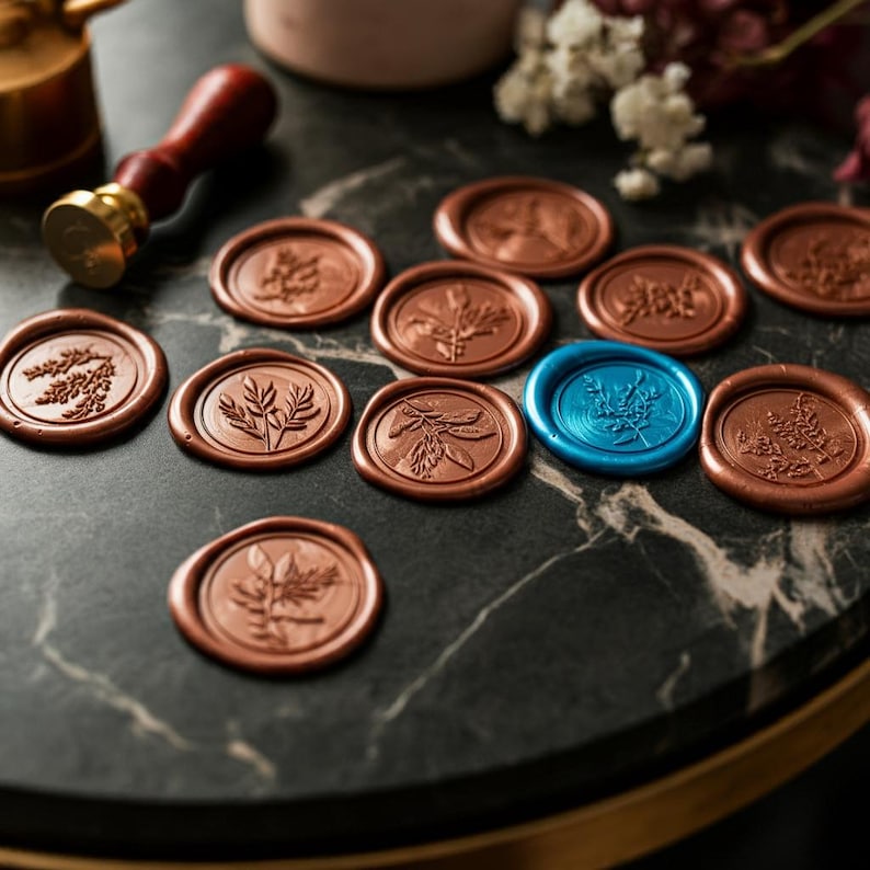 May include: A collection of wax seals with various floral designs. The seals are in shades of copper and blue, and are arranged on a black marble surface.