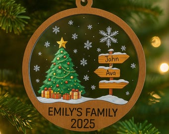 Personalized Family Christmas Ornament: Layered Wood & Acrylic Signpost