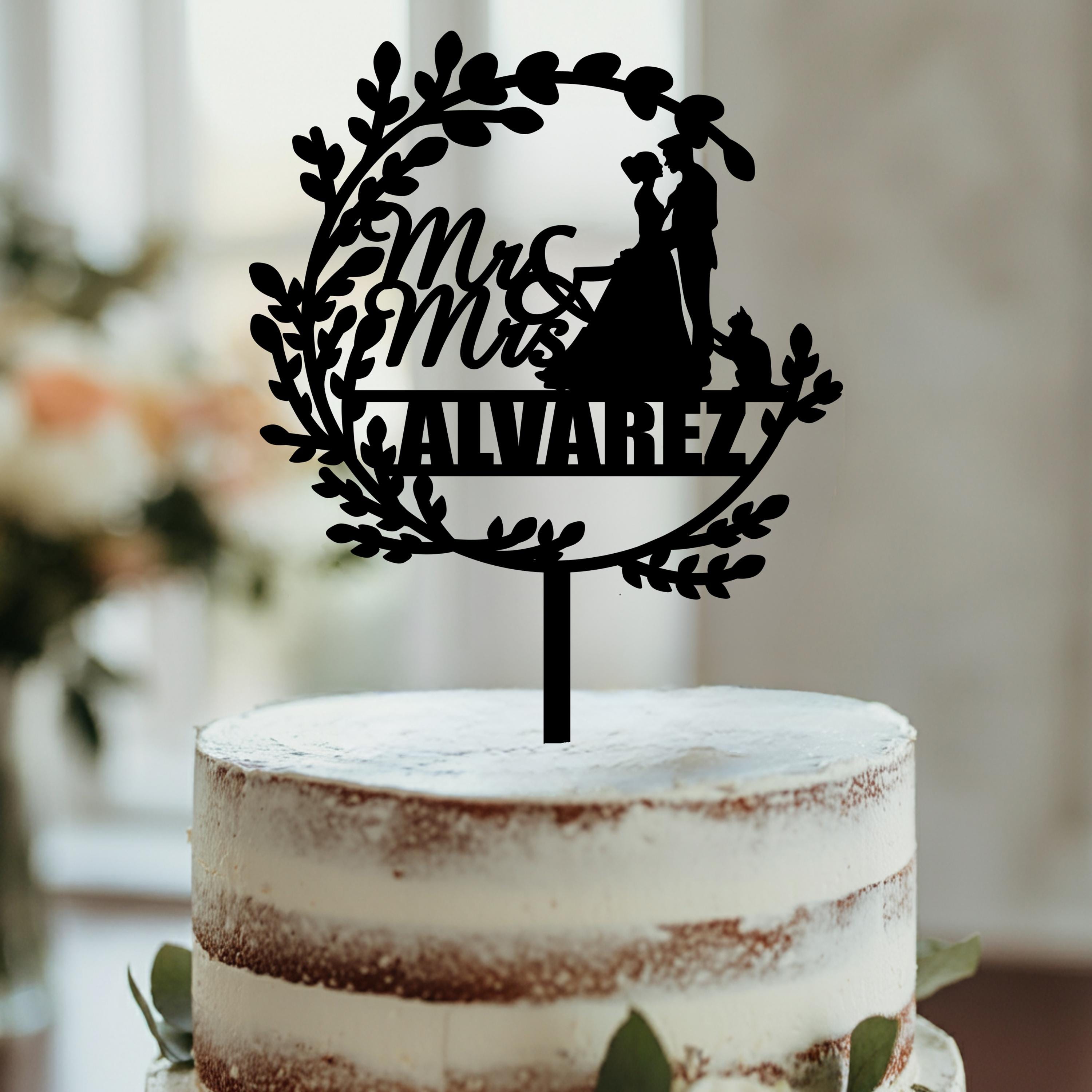 YAMI COCU Wedding Cake Topper Bride And Groom With Cat - Black Acrylic Silhouette Decoration - View #2