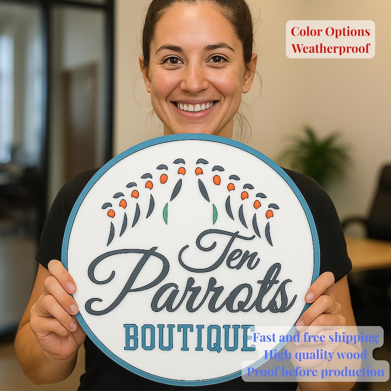 May include: A circular sign with a white face and a teal border. The sign displays the text "Ten Parrots BOUTIQUE" in a decorative font, accompanied by a parrot design. The sign also has the text "Color Options Weatherproof".