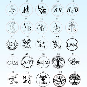May include: A sheet of 75 round wax seals with various designs, including initials, hearts, trees, and flowers. The seals are numbered 51 through 75.
