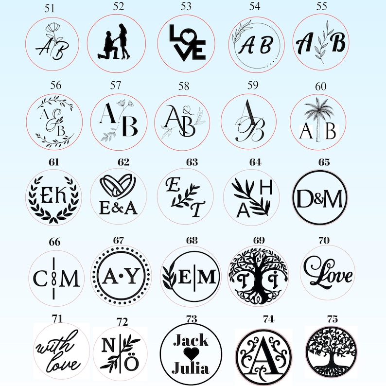May include: A sheet of 75 round wax seals with various designs, including initials, hearts, trees, and flowers. The seals are numbered 51 through 75.