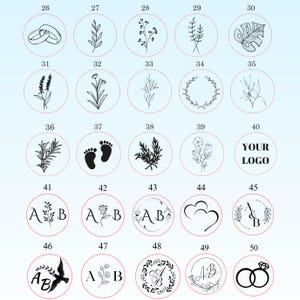 May include: Fifty different wax seal stamp designs, including rings, flowers, leaves, footprints, hearts, and initials.  The designs are black and white and are displayed in a grid format.