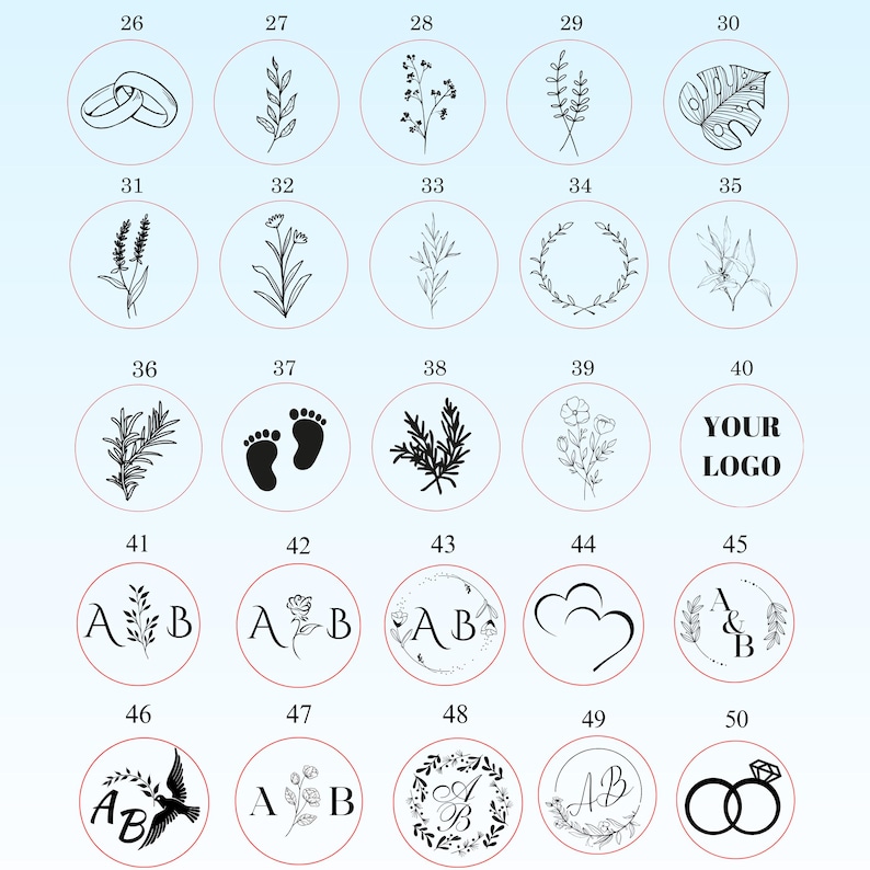 May include: Fifty different wax seal stamp designs, including rings, flowers, leaves, footprints, hearts, and initials.  The designs are black and white and are displayed in a grid format.