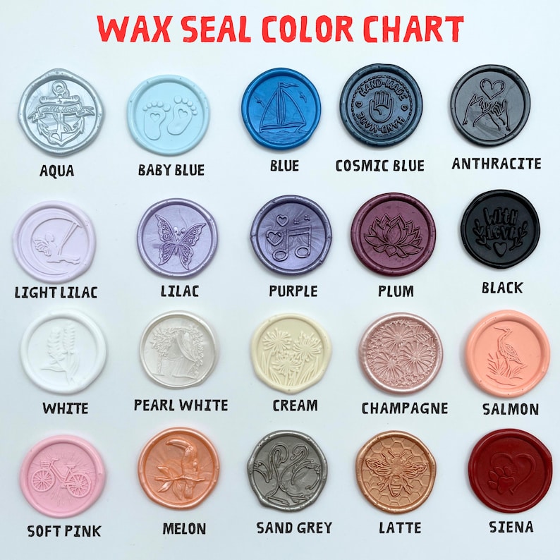 May include: Color chart showing 18 different wax seal colors. Each color is represented by a round wax seal with a design. The colors include aqua, baby blue, blue, cosmic blue, anthracite, light lilac, lilac, purple, plum, black, white, pearl white, cream, champagne, salmon, soft pink, melon, sand grey, latte, and siena.