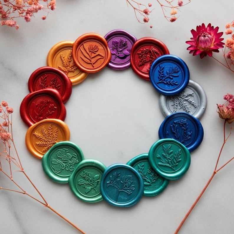 May include: A circle of colorful wax seals with floral designs. The seals are arranged in a rainbow pattern, with red, orange, yellow, green, blue, and purple seals.