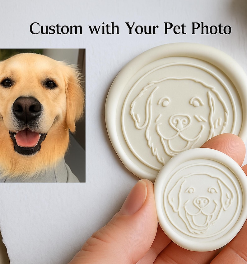May include: Cream-coloured wax seal stamps with a dog face design. The image includes a photo of a golden retriever and the text "Custom with Your Pet Photo". The stamps are round and feature a detailed dog portrait.