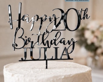 Custom Happy Birthday Cake Topper with Name, Personalized Anniversary Party Wooden or Acrylic Mirror