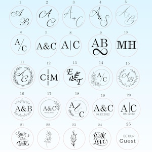 May include: Twenty-five different wax seal stamp designs with various initials, symbols, and text. The designs are arranged in a grid pattern on a light blue background.