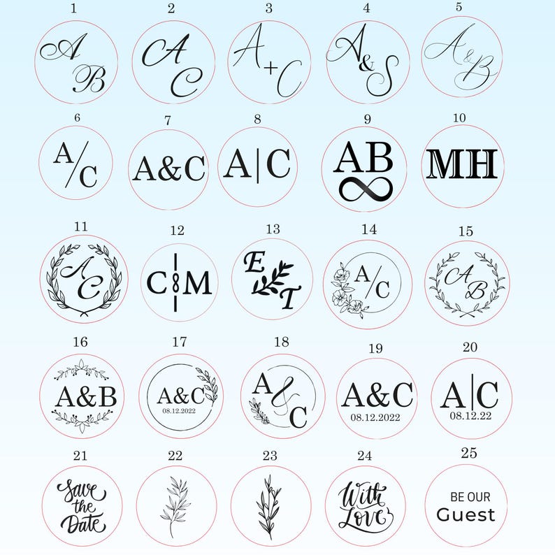 May include: Twenty-five different wax seal stamp designs with various initials, symbols, and text. The designs are arranged in a grid pattern on a light blue background.