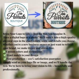 May include: A circular sign with the words "Ten Parrots BOUTIQUE" in a decorative font, featuring a bird logo. The sign has a white background and a teal edge. The image also shows a digital logo and text: "Bring Your Logo to Life".