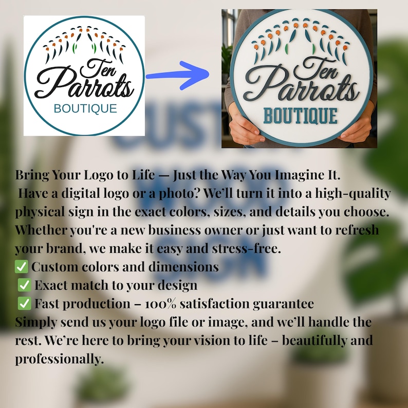 May include: A circular sign with the words "Ten Parrots BOUTIQUE" in a decorative font, featuring a bird logo. The sign has a white background and a teal edge. The image also shows a digital logo and text: "Bring Your Logo to Life".