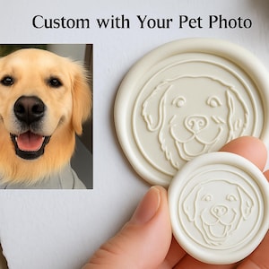 May include: Cream-coloured wax seal stamps with a dog face design. The image includes a photo of a golden retriever and the text "Custom with Your Pet Photo". The stamps are round and feature a detailed dog portrait.