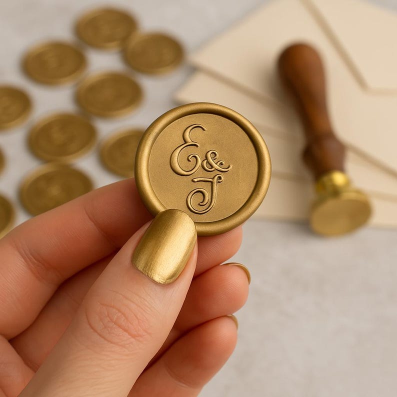 Puede incluir: Sello de cera dorado con las iniciales E & J en una fuente cursiva. El sello est&aacute; siendo sostenido por una mano con esmalte de u&ntilde;as dorado.