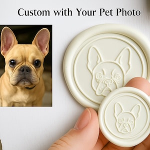 May include: A cream-coloured wax seal featuring a French Bulldog design, held in a hand. The text "Custom with Your Pet Photo" is at the top. A photo of a French Bulldog is on the left.