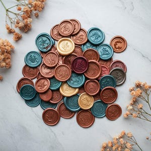 Adesivo de lacre de cera personalizado, 36 cores de lacres de cera com suporte autoadesivo, 60 designs de adesivos de lacre de cera personalizados