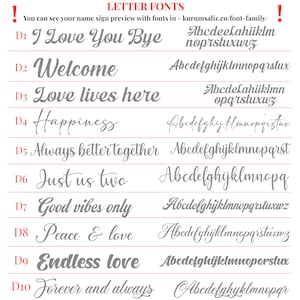 Op de afbeelding: Een weergave van verschillende lettertypen voor naamborden. De afbeelding toont tien verschillende lettertypestijlen, elk met een voorbeeldzin zoals "Always better together" en het bijbehorende alfabet. De lettertypen vari&euml;ren van elegante scripts tot meer informele stijlen.