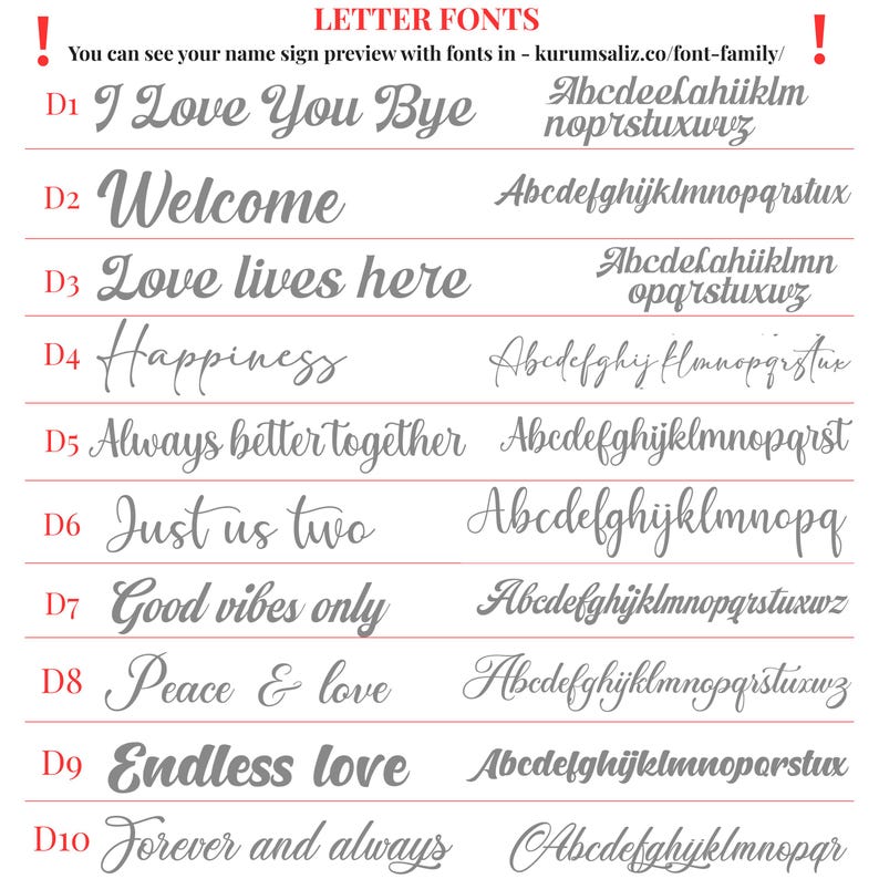 Op de afbeelding: Een weergave van verschillende lettertypen voor naamborden. De afbeelding toont tien verschillende lettertypestijlen, elk met een voorbeeldzin zoals "Always better together" en het bijbehorende alfabet. De lettertypen vari&euml;ren van elegante scripts tot meer informele stijlen.