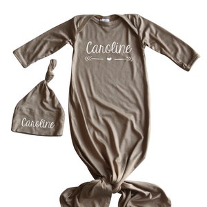 Girls Unisex Boys Silky Knotted Baby Gown with Knotted Hat Infant Sleeper-Personalized with Name-Star and Arrow