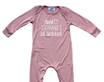 Personalized Aunt's Lil Sidekick Silky Baby Long Sleeve Romper for Boys and Girls-Gender Neutral,Baby Shower, newborn, first outfit, aunt