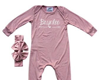 Heart and Script Font Personalized Silky Long Sleeve Baby Romper (Headband Bow Included)- Gender Neutral-baby gift, baby shower,customized
