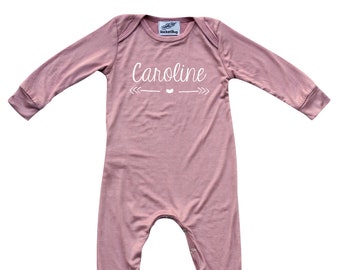 Heart and Script Font Personalized Silky Long Sleeve Baby Romper - Gender Neutral-baby gift, baby shower, fall customized