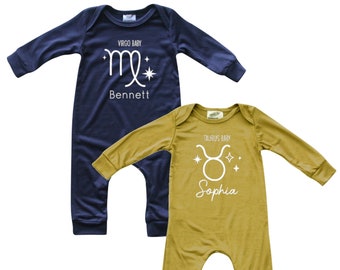 Personalized Zodiac Long Sleeve Baby Romper-custom, astrology, baby gift, horoscope, personalized, gender neutral, boy, girl, newborn gift